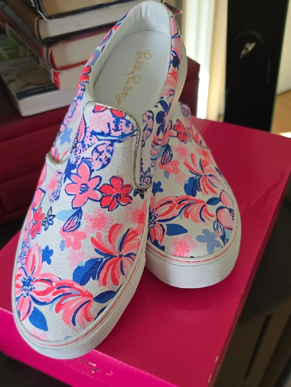 Lilly Pulitzer Coral Pink & Navy Blue Floral Slip-On Sneakers - Women